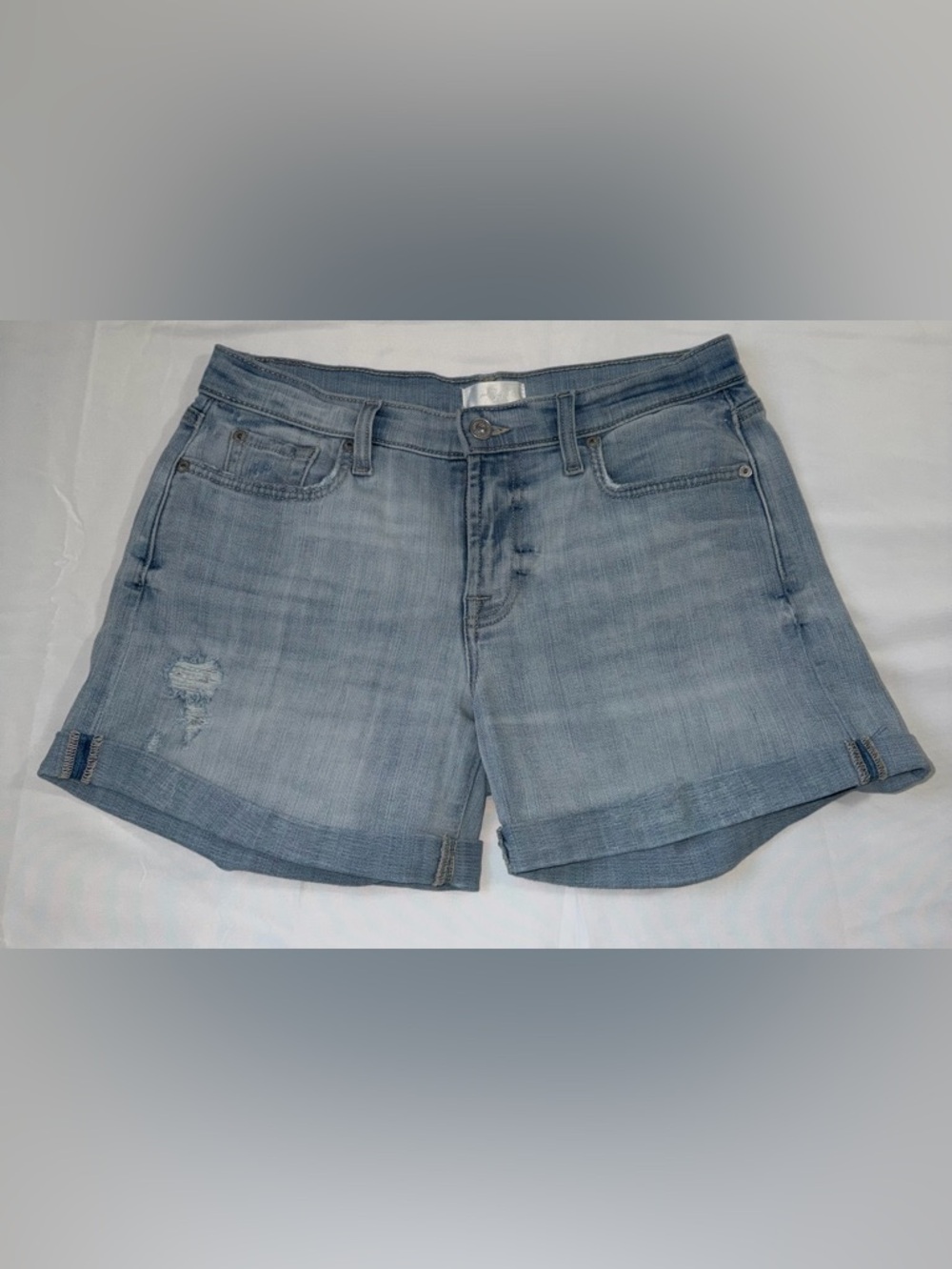 7 For All Mankind Distressed Denim Shorts Mid Roll Cuffed Light Wash Size 27